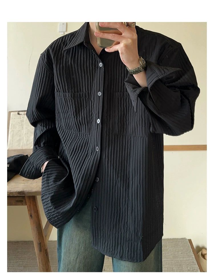 Woo Embossed Lines Buttoned Shirt-korean-fashion-Shirt-Woo's Closet-OH Garments