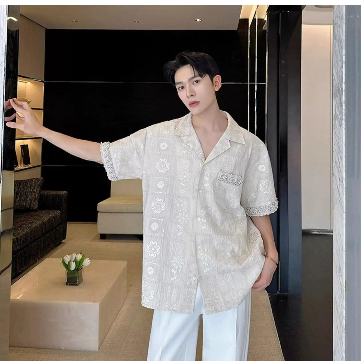 Woo Embroidered Pattern Short Sleeve Shirt-korean-fashion-Shirt-Woo's Closet-OH Garments