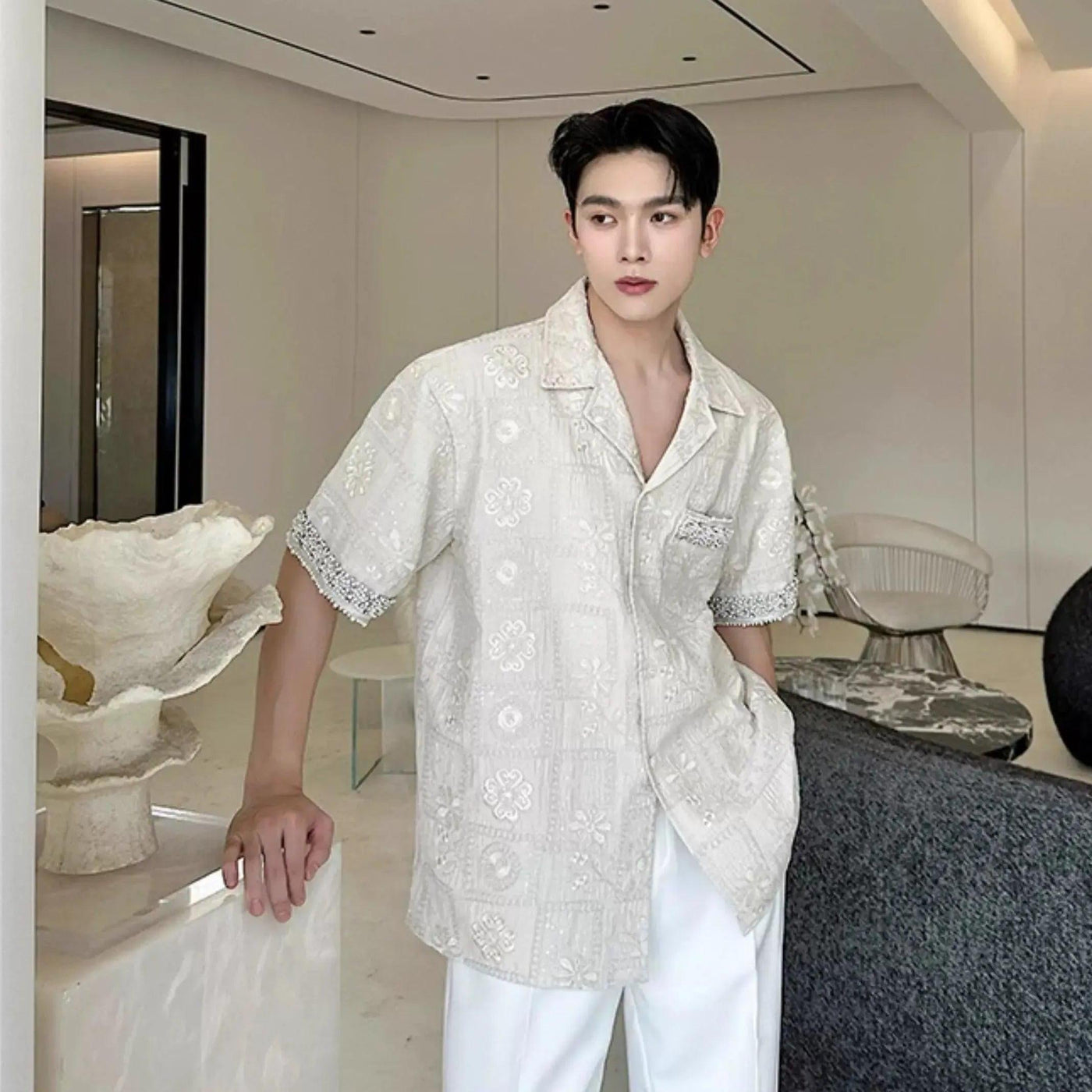 Woo Embroidered Pattern Short Sleeve Shirt-korean-fashion-Shirt-Woo's Closet-OH Garments