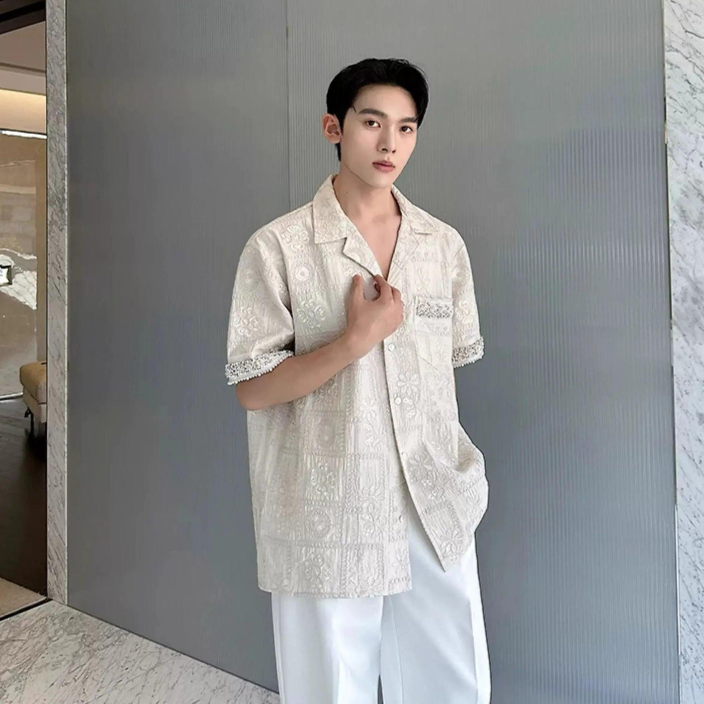 Woo Embroidered Pattern Short Sleeve Shirt-korean-fashion-Shirt-Woo's Closet-OH Garments