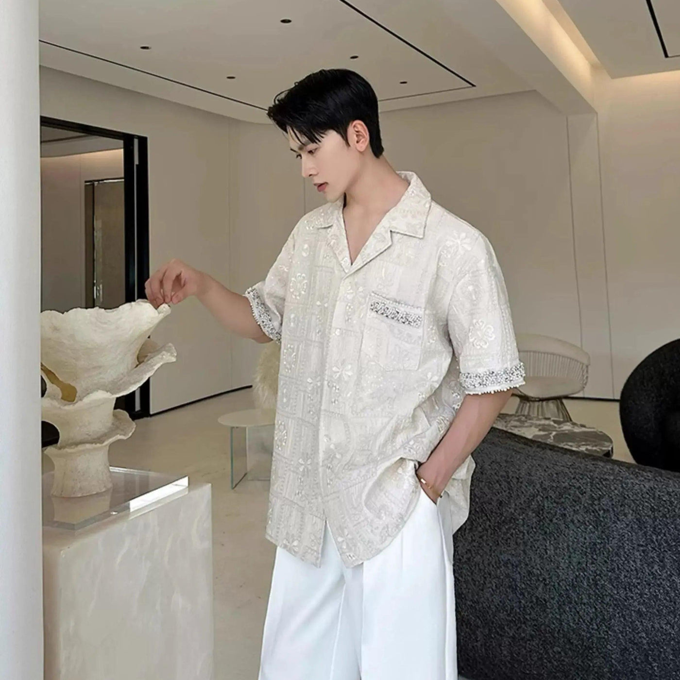 Woo Embroidered Pattern Short Sleeve Shirt-korean-fashion-Shirt-Woo's Closet-OH Garments