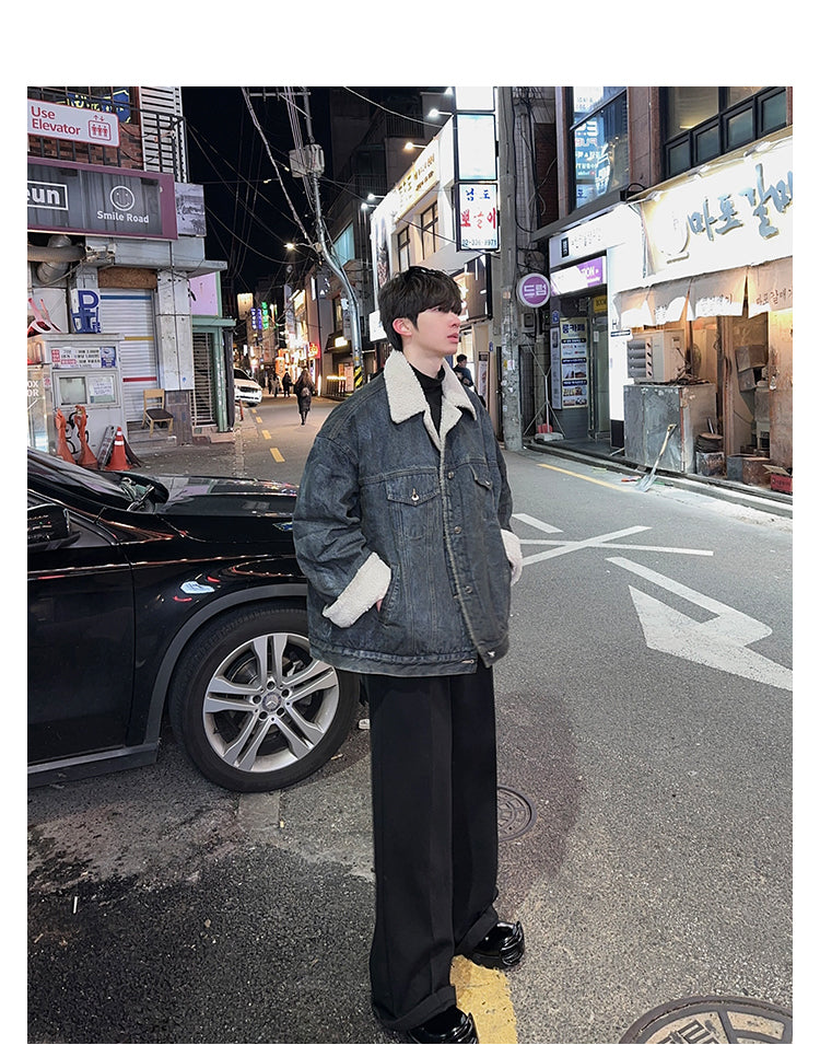 Woo Faded Fleece Lined Denim Jacket-korean-fashion-Jacket-Woo's Closet-OH Garments