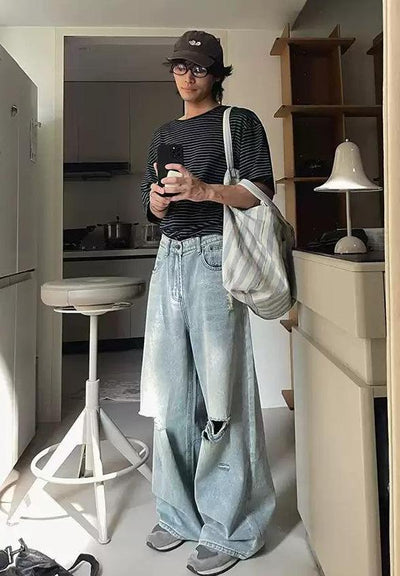 Woo Faded Ripped Detail Wide Jeans-korean-fashion-Jeans-Woo's Closet-OH Garments