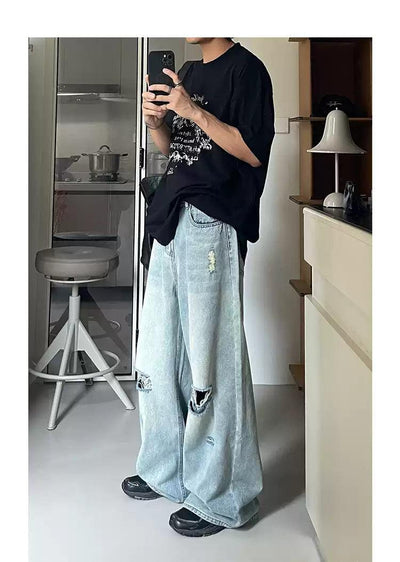 Woo Faded Ripped Detail Wide Jeans-korean-fashion-Jeans-Woo's Closet-OH Garments