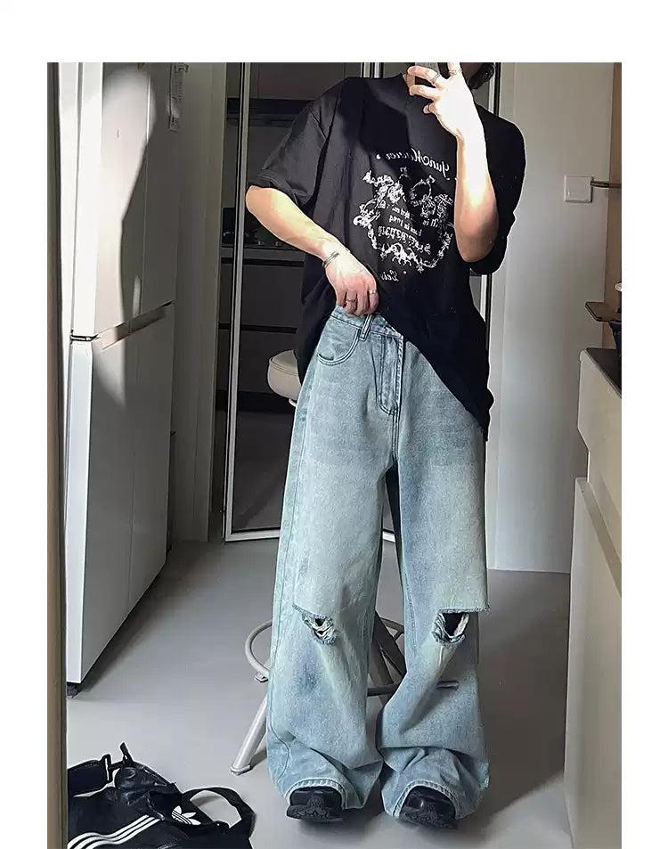 Woo Faded Ripped Detail Wide Jeans-korean-fashion-Jeans-Woo's Closet-OH Garments