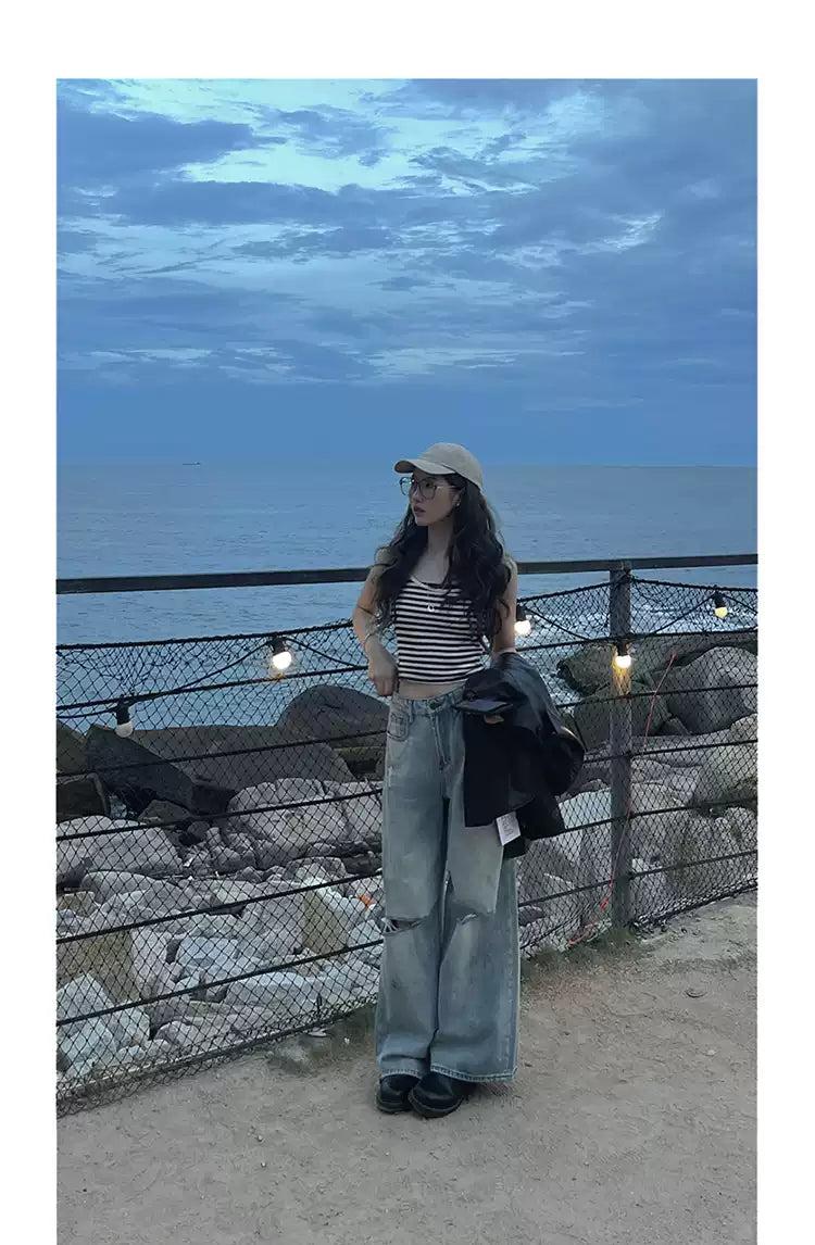 Woo Faded Ripped Detail Wide Jeans-korean-fashion-Jeans-Woo's Closet-OH Garments