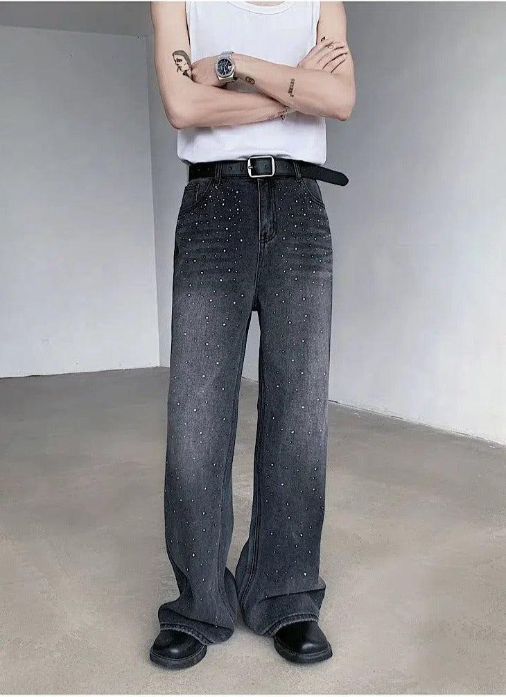 Woo Faded Scattered Rhinestone Jeans-korean-fashion-Jeans-Woo's Closet-OH Garments
