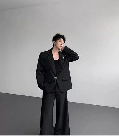 Woo Flower Broches Shoulder Pad Blazer-korean-fashion-Blazer-Woo's Closet-OH Garments