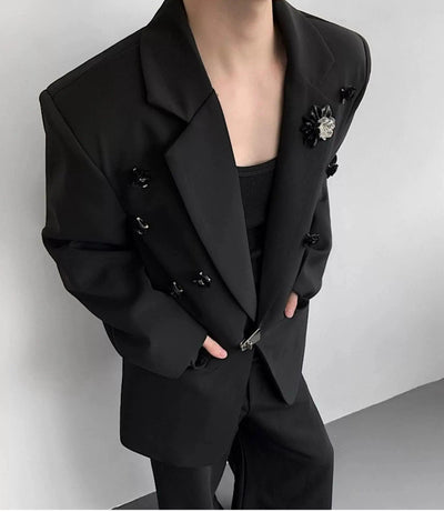 Woo Flower Broches Shoulder Pad Blazer-korean-fashion-Blazer-Woo's Closet-OH Garments