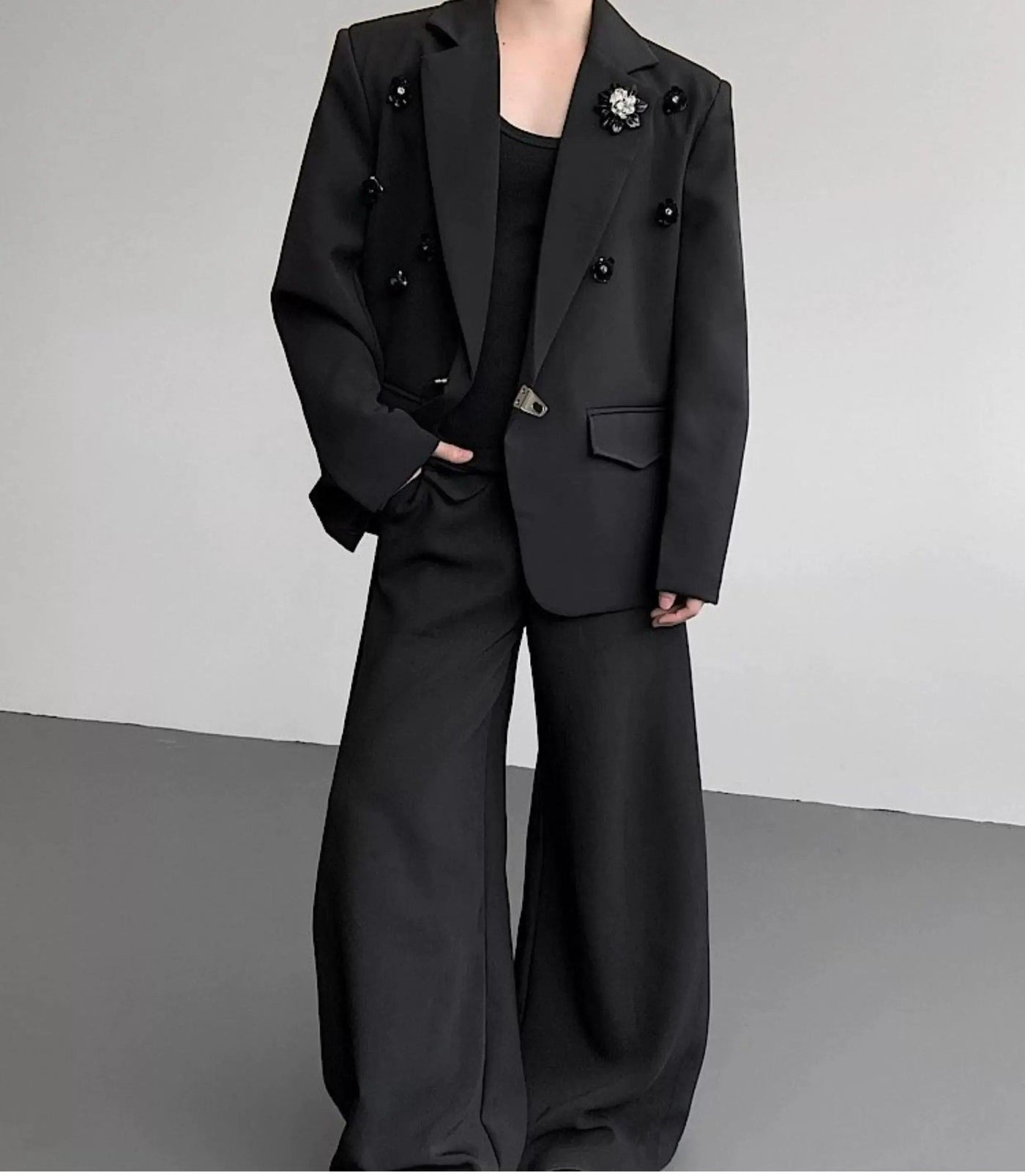Woo Flower Broches Shoulder Pad Blazer-korean-fashion-Blazer-Woo's Closet-OH Garments