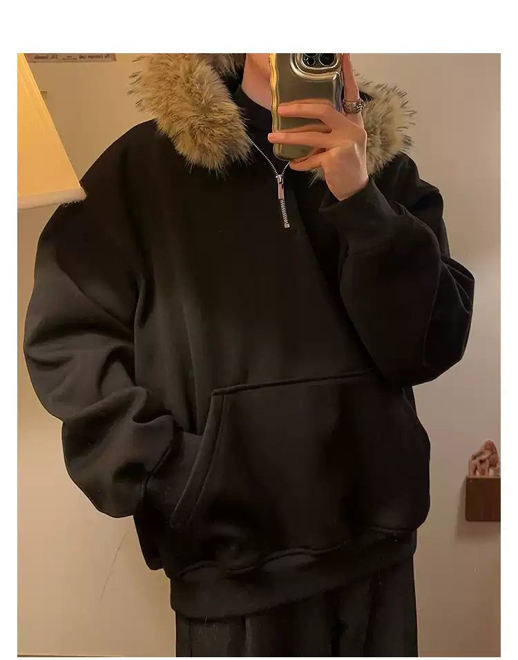 Woo Fur Trimmed Hood Half-Zip Hoodie-korean-fashion-Hoodie-Woo's Closet-OH Garments