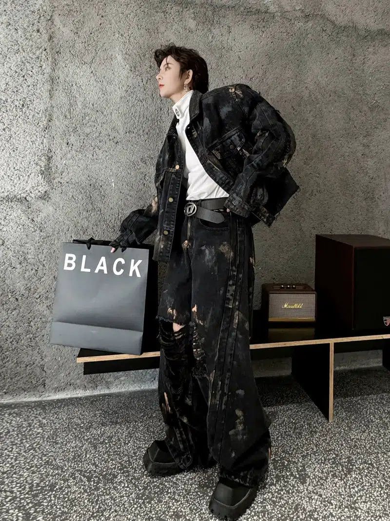 Woo Gradient Paint Denim Jacket & Ripped Jeans Set-korean-fashion-Pants-Woo's Closet-OH Garments