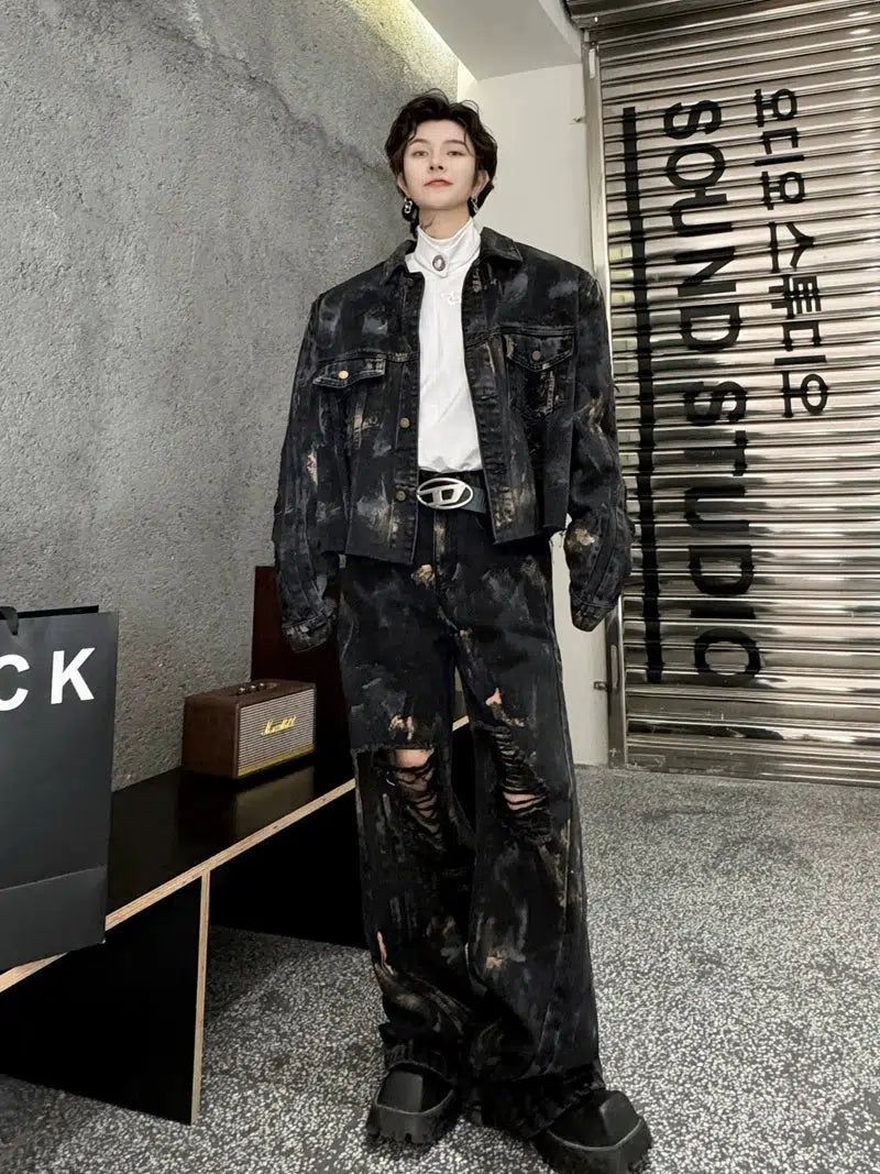 Woo Gradient Paint Denim Jacket & Ripped Jeans Set-korean-fashion-Pants-Woo's Closet-OH Garments