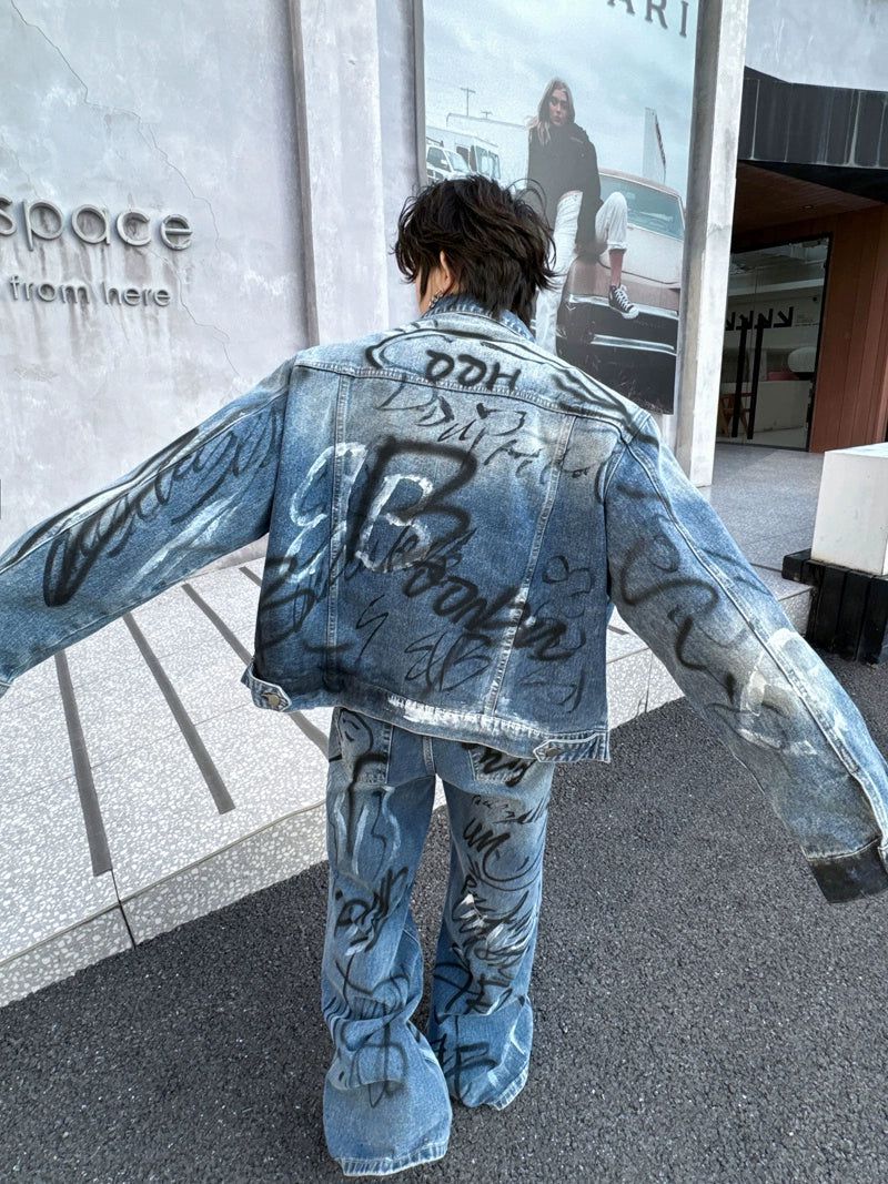 Woo Graffiti Denim Jacket & Jeans Set-korean-fashion-Pants-Woo's Closet-OH Garments