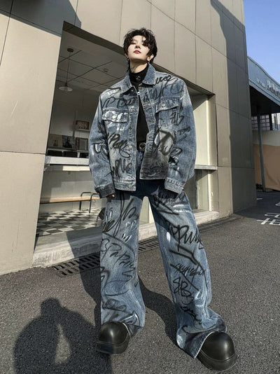 Woo Graffiti Denim Jacket & Jeans Set-korean-fashion-Pants-Woo's Closet-OH Garments