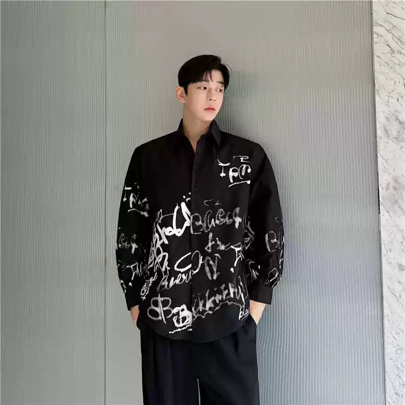 Woo Graffiti Print Loose Shirt-korean-fashion-Shirt-Woo's Closet-OH Garments