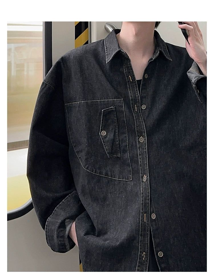 Woo Irregular Pocket Denim Shirt-korean-fashion-Shirt-Woo's Closet-OH Garments