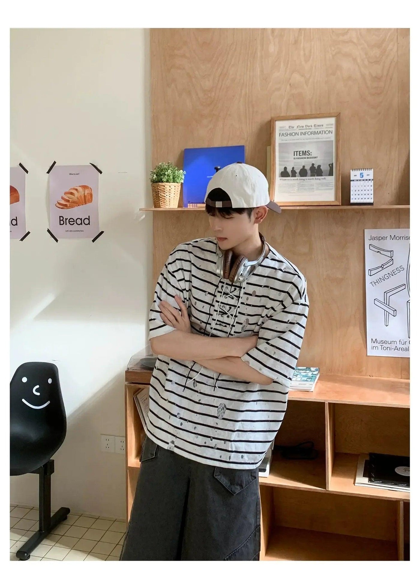 Woo Lace-Up Striped T-Shirt-korean-fashion-T-Shirt-Woo's Closet-OH Garments