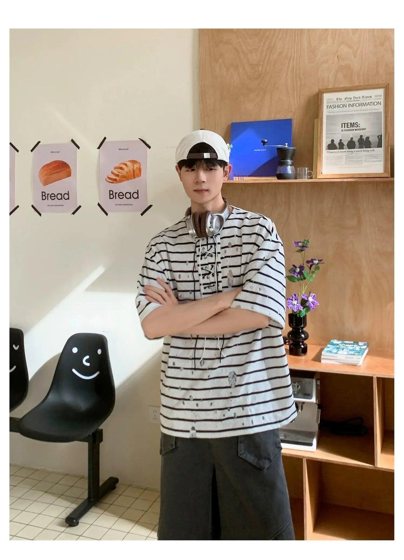 Woo Lace-Up Striped T-Shirt-korean-fashion-T-Shirt-Woo's Closet-OH Garments