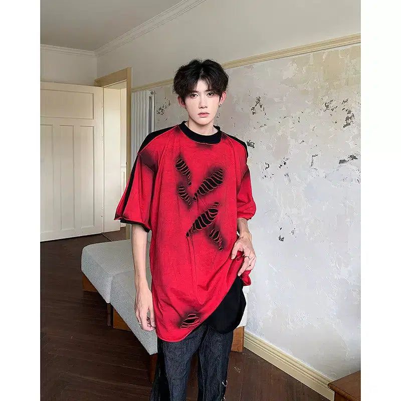 Woo Layered Spray Paint Ripped T-Shirt-korean-fashion-T-Shirt-Woo's Closet-OH Garments