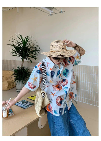 Woo Marine Life Graphic Print Shirt-korean-fashion-Shirt-Woo's Closet-OH Garments
