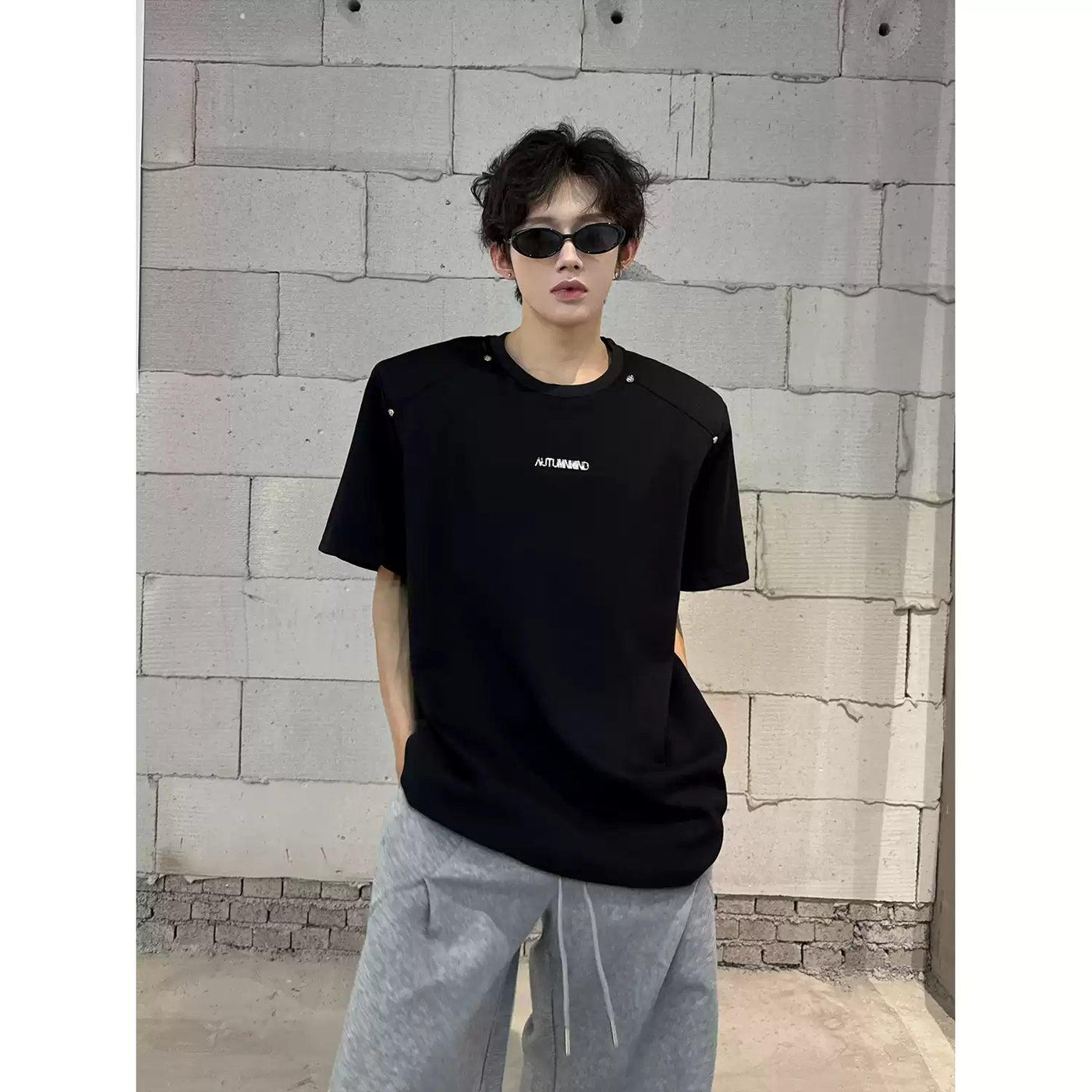 Woo Metal Rivet Shoulder Pad T-Shirt-korean-fashion-T-Shirt-Woo's Closet-OH Garments