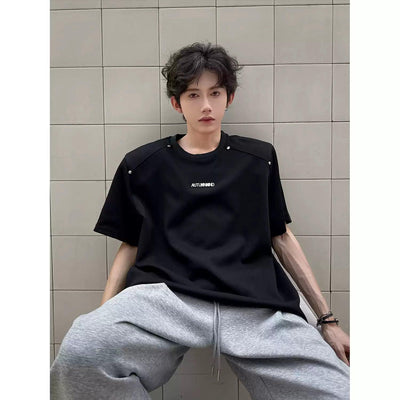 Woo Metal Rivet Shoulder Pad T-Shirt-korean-fashion-T-Shirt-Woo's Closet-OH Garments