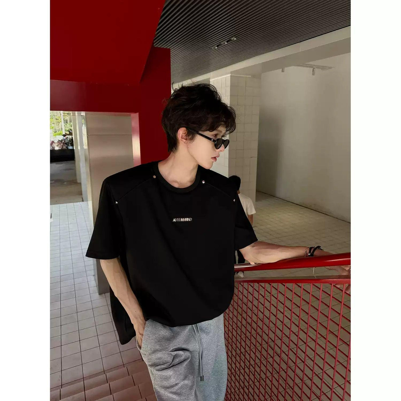 Woo Metal Rivet Shoulder Pad T-Shirt-korean-fashion-T-Shirt-Woo's Closet-OH Garments