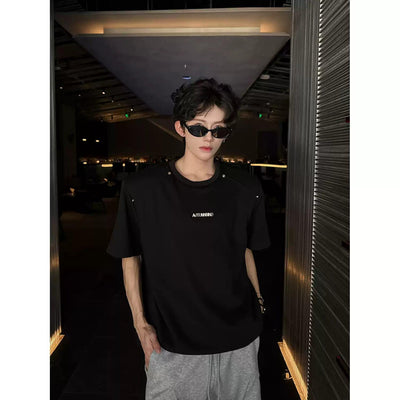 Woo Metal Rivet Shoulder Pad T-Shirt-korean-fashion-T-Shirt-Woo's Closet-OH Garments