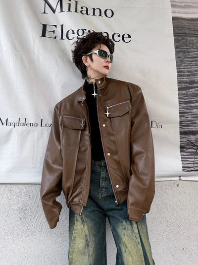 Woo Metallic Detail PU Leather Jacket-korean-fashion-Jacket-Woo's Closet-OH Garments