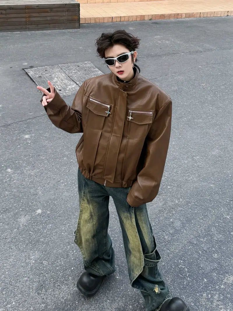 Woo Metallic Detail PU Leather Jacket-korean-fashion-Jacket-Woo's Closet-OH Garments