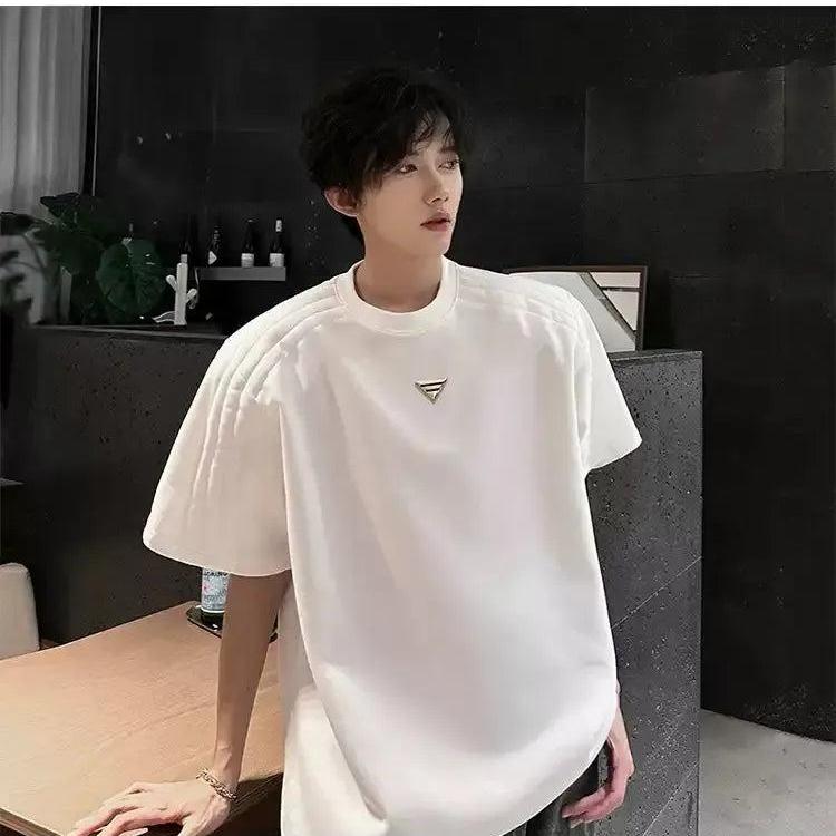 Woo Metallic Label Shoulder Pad T-Shirt-korean-fashion-T-Shirt-Woo's Closet-OH Garments