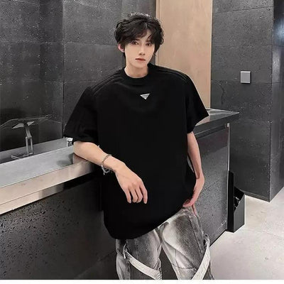 Woo Metallic Label Shoulder Pad T-Shirt-korean-fashion-T-Shirt-Woo's Closet-OH Garments