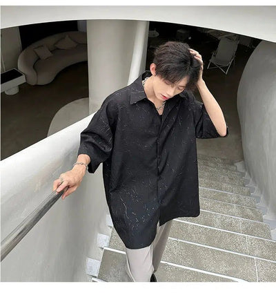 Woo Metallic Textured Short Sleeve Shirt-korean-fashion-Shirt-Woo's Closet-OH Garments