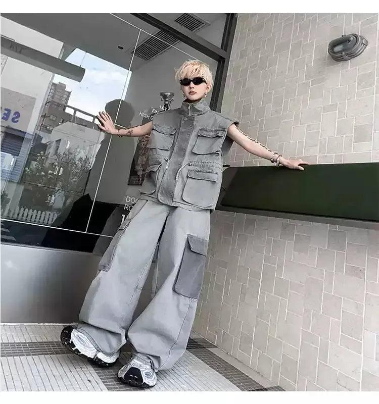 Woo Multi-Pocket Utility Vest & Wide Cargo Jeans Set-korean-fashion-Clothing Set-Woo's Closet-OH Garments