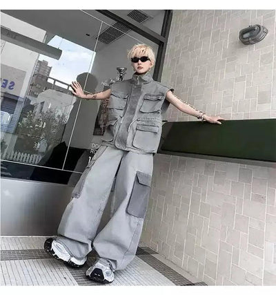 Woo Multi-Pocket Utility Vest & Wide Cargo Jeans Set-korean-fashion-Clothing Set-Woo's Closet-OH Garments