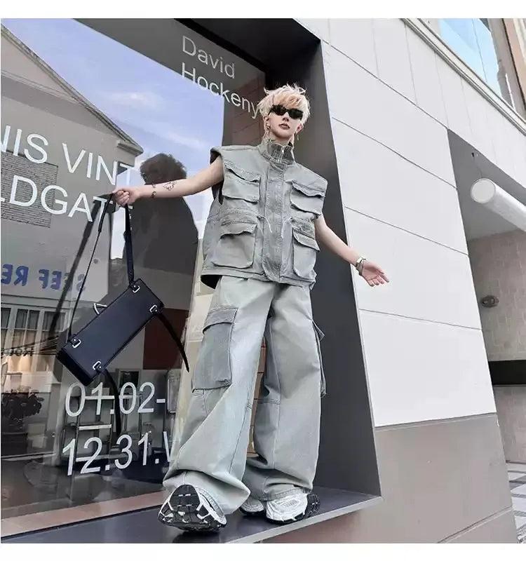 Woo Multi-Pocket Utility Vest & Wide Cargo Jeans Set-korean-fashion-Clothing Set-Woo's Closet-OH Garments