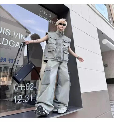 Woo Multi-Pocket Utility Vest & Wide Cargo Jeans Set-korean-fashion-Clothing Set-Woo's Closet-OH Garments
