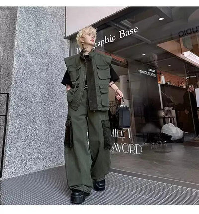 Woo Multi-Pocket Utility Vest & Wide Cargo Jeans Set-korean-fashion-Clothing Set-Woo's Closet-OH Garments