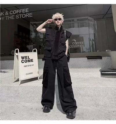 Woo Multi-Pocket Utility Vest & Wide Cargo Jeans Set-korean-fashion-Clothing Set-Woo's Closet-OH Garments