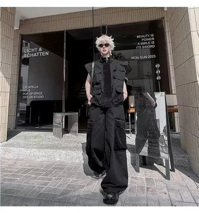 Woo Multi-Pocket Utility Vest & Wide Cargo Jeans Set-korean-fashion-Clothing Set-Woo's Closet-OH Garments