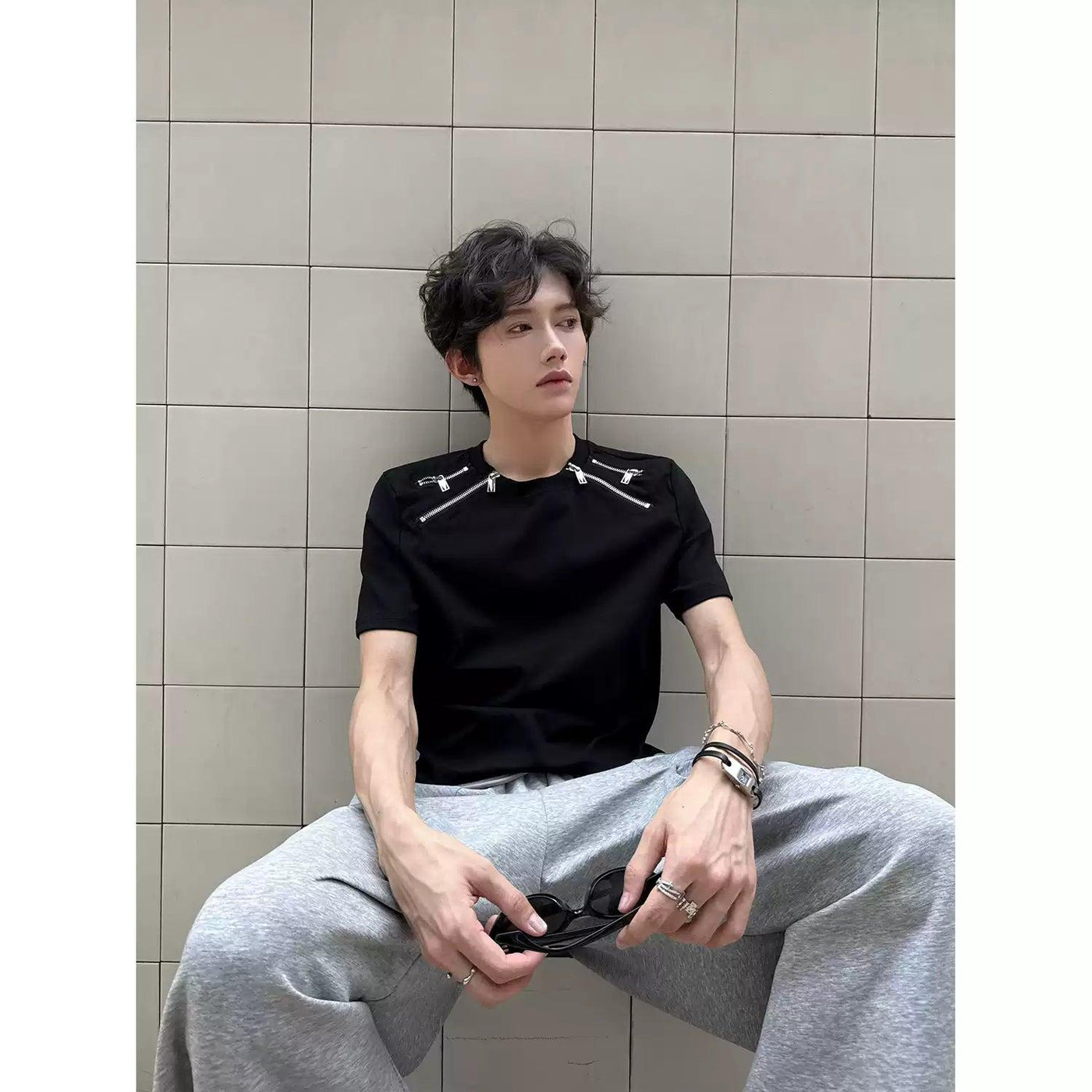 Woo Multi-Zip Shoulder Pad Slim Fit T-Shirt-korean-fashion-T-Shirt-Woo's Closet-OH Garments