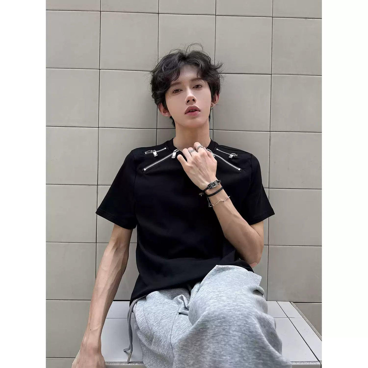 Woo Multi-Zip Shoulder Pad Slim Fit T-Shirt-korean-fashion-T-Shirt-Woo's Closet-OH Garments