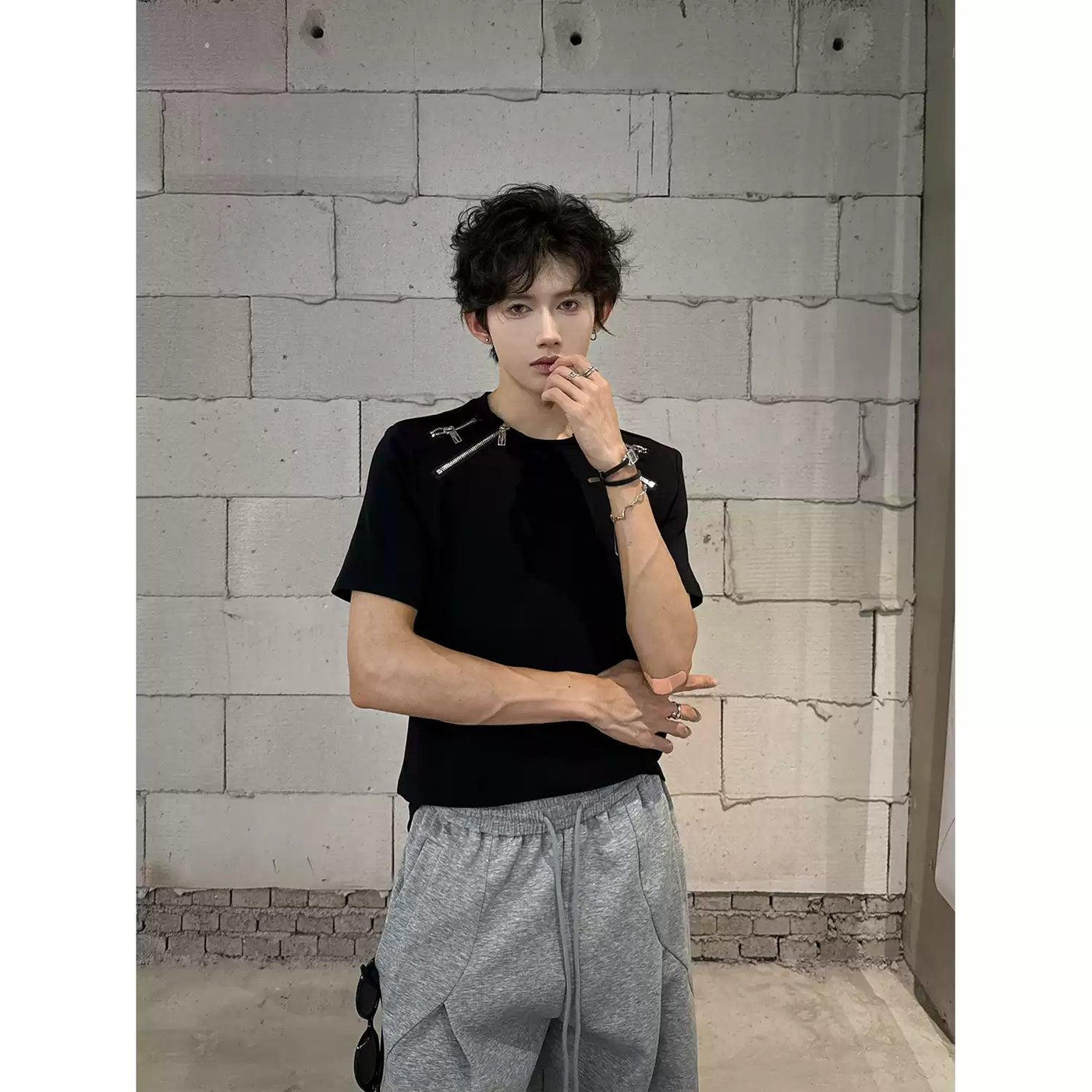 Woo Multi-Zip Shoulder Pad Slim Fit T-Shirt-korean-fashion-T-Shirt-Woo's Closet-OH Garments