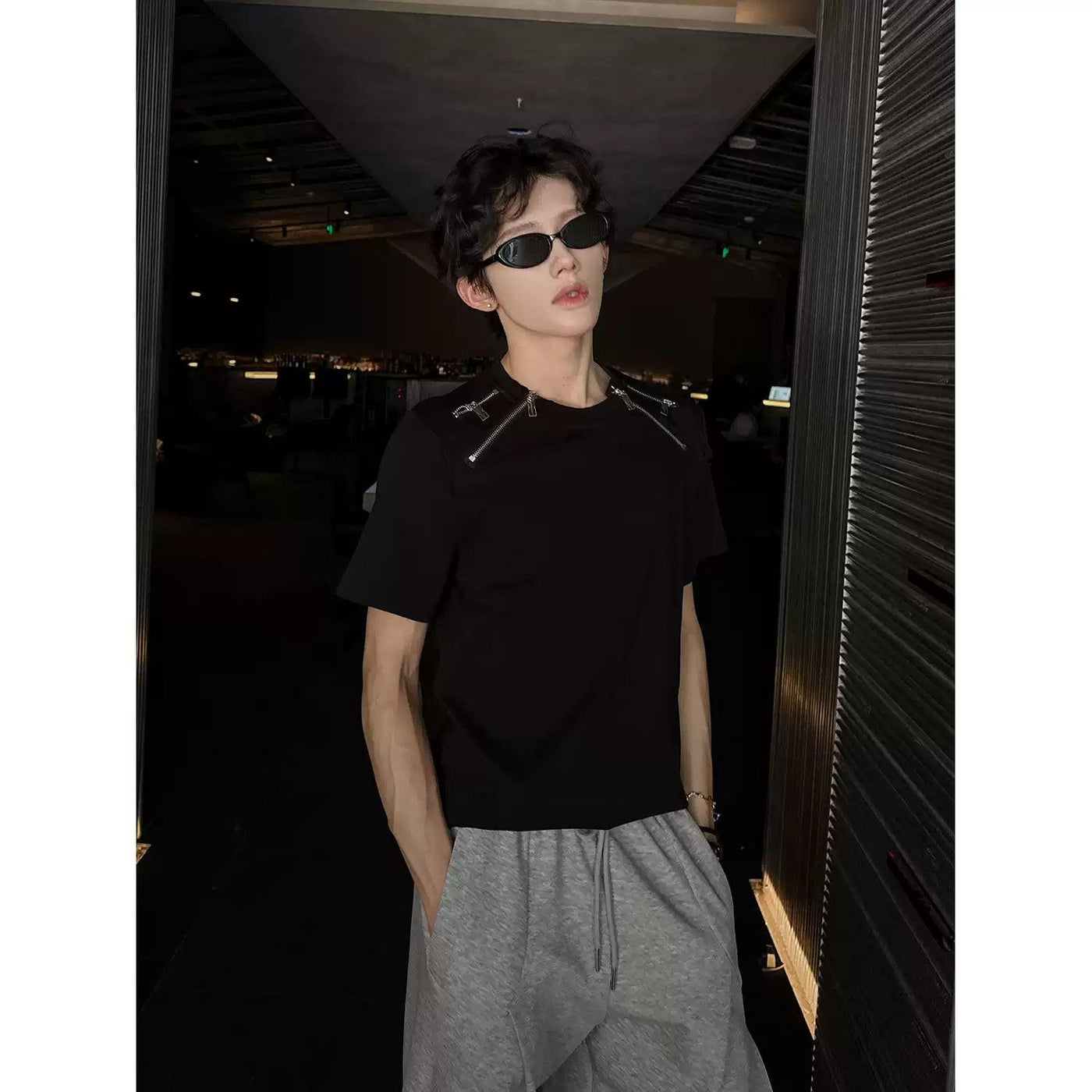 Woo Multi-Zip Shoulder Pad Slim Fit T-Shirt-korean-fashion-T-Shirt-Woo's Closet-OH Garments