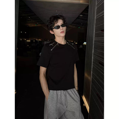 Woo Multi-Zip Shoulder Pad Slim Fit T-Shirt-korean-fashion-T-Shirt-Woo's Closet-OH Garments