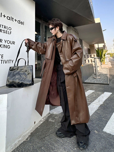 Woo Oversized Belted PU Leather Trench Coat-korean-fashion-Long Coat-Woo's Closet-OH Garments
