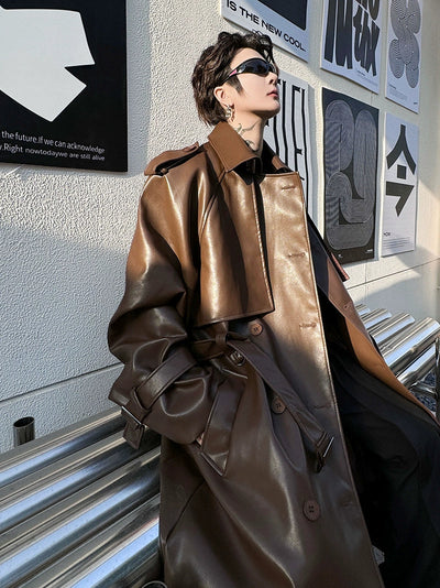 Woo Oversized Belted PU Leather Trench Coat-korean-fashion-Long Coat-Woo's Closet-OH Garments