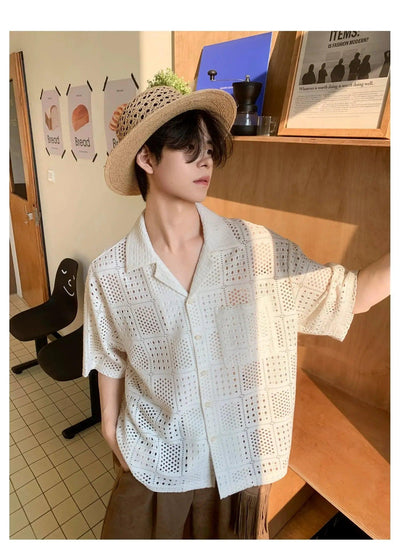 Woo Pattern Textured Short Sleeve Shirt-korean-fashion-Shirt-Woo's Closet-OH Garments