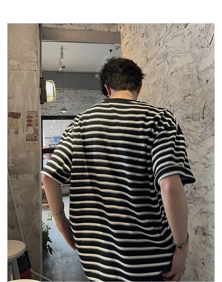 Woo Relaxed Fit Striped T-Shirt-korean-fashion-T-Shirt-Woo's Closet-OH Garments